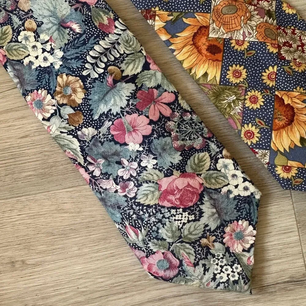 Vintage Y2K Tango Max Raab Woven Cotton Floral Print Ties (2) Made in USA